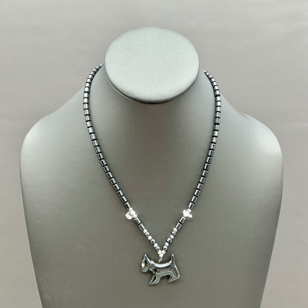 Hematite Scottie Dog Necklace Women Gunmetal Gray Beaded Scottie Dog Pendant